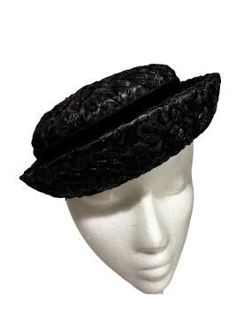Vintage black straw pillbox hat by Winkelman’s velvet hatband upturned brim
